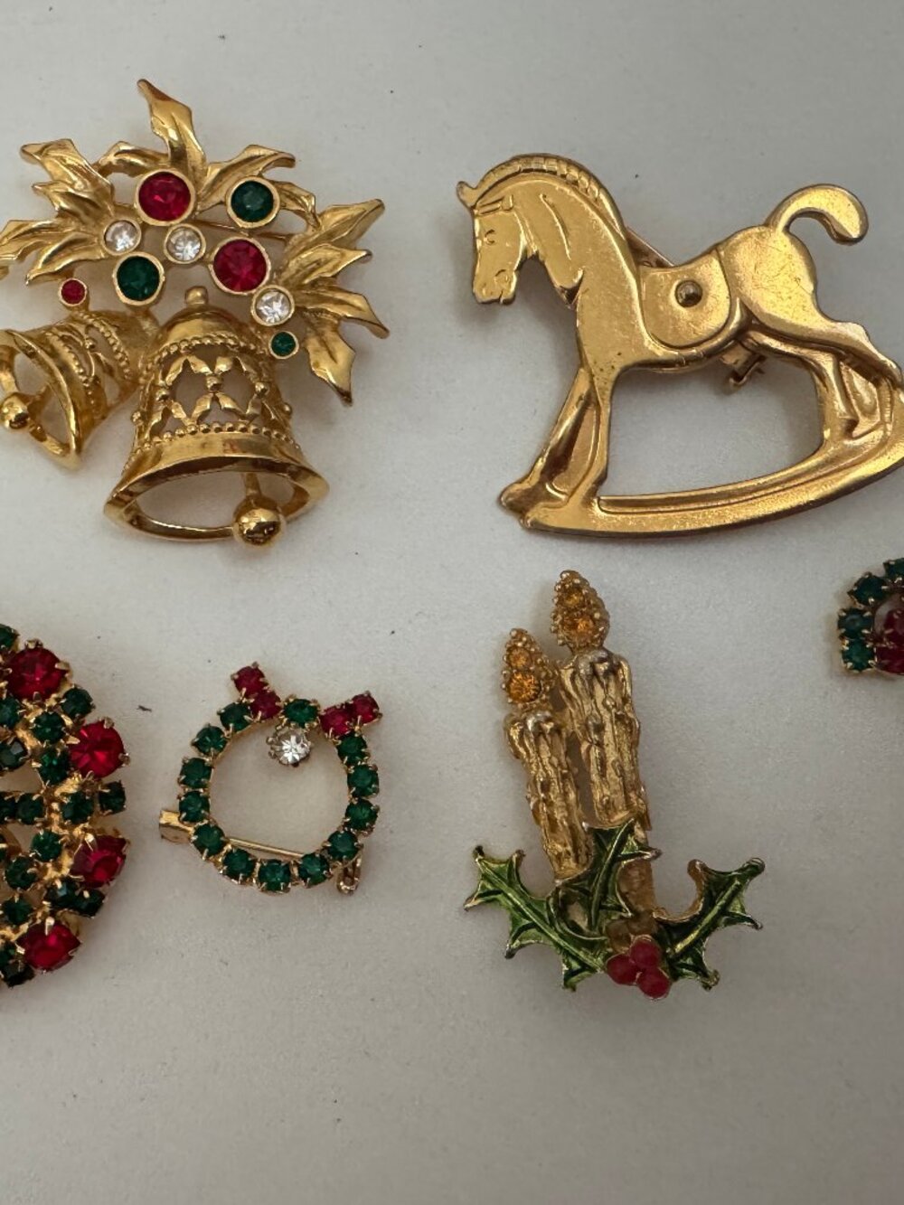Vintage Christmas Brooch Lot of 6 Rhinestone Wreath Bells Candy Cane Pins